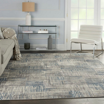 Ivory Grey Blue Abstarct Modern Rug Easy to clean Living Room Bedroom and Dining Room-244cm X 305cm