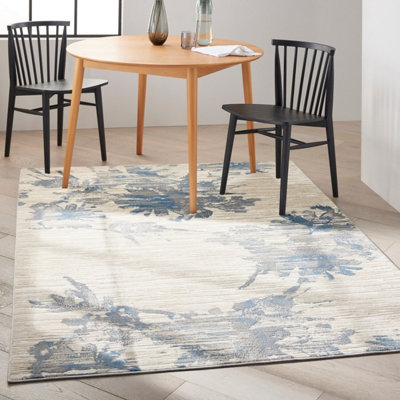 Ivory Grey Blue Abstract Modern Floral Rug Easy to clean Living Room Bedroom and Dining Room -160cm X 221cm