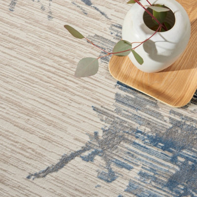 Ivory Grey Blue Abstract Modern Floral Rug Easy to clean Living Room Bedroom and Dining Room -160cm X 221cm