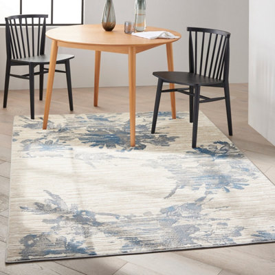 Ivory Grey Blue Abstract Modern Floral Rug Easy to clean Living Room Bedroom and Dining Room -97cm X 152cm