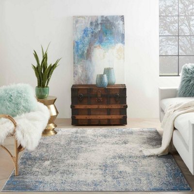 Ivory Grey Blue Abstract Modern Luxurious Rug For Dining Room Bedroom & Living Room-66 X 229cm (Runner)