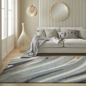 Ivory Grey Blue Abstract Polyester Modern Bedroom, LivingRoom Rug - 120cm X 170cm