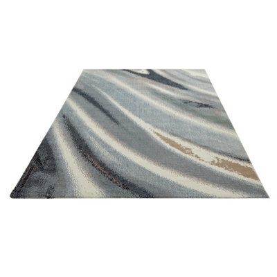 Ivory Grey Blue Abstract Polyester Modern Bedroom, LivingRoom Rug - 80cm X 150cm