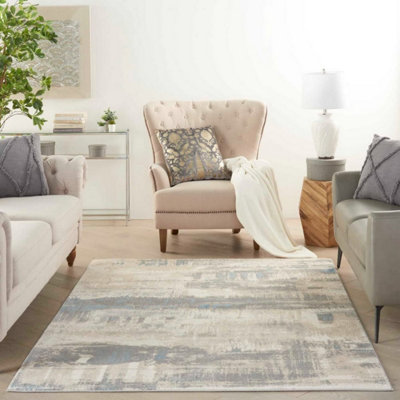 Ivory Grey Blue Modern Abstarct Rug Easy to clean Living Room Bedroom ...