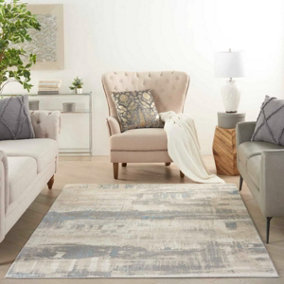 Ivory Grey Blue Modern Abstarct Rug Easy to clean Living Room Bedroom and Dining Room-69 X 221cm (Runner)