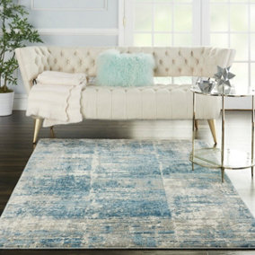 Ivory Grey Blue Modern Easy to Clean Abstract Rug For Dining Room Bedroom Living Room -69 X 221cm (Runner)