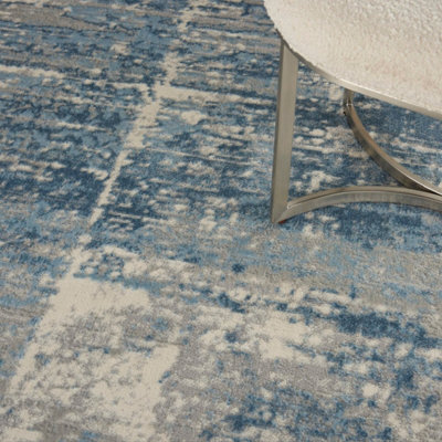 Ivory Grey Blue Modern Easy to Clean Abstract Rug For Dining Room Bedroom Living Room -69 X 221cm (Runner)