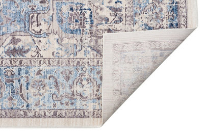 Ivory Grey Blue Traditional Bordered Floral Easy To Clean Rug For Living Room Bedroom & Dining Room-120cm X 170cm
