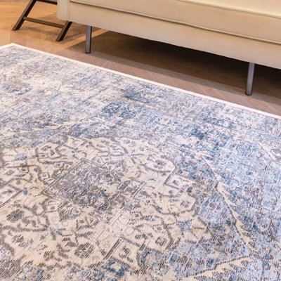 Ivory Grey Blue Traditional Bordered Floral Easy To Clean Rug For Living Room Bedroom & Dining Room-120cm X 170cm