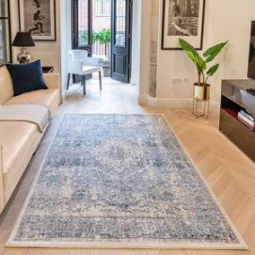 Ivory Grey Blue Traditional Bordered Floral Easy To Clean Rug For Living Room Bedroom & Dining Room-160cm X 236cm