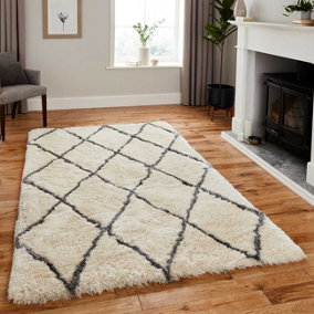 Ivory/Grey Shaggy Handmade Luxurious Modern Easy to clean Rug for Dining Room Bed Room and Living Room-120cm X 170cm