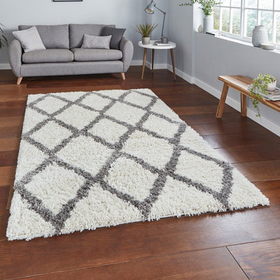 Ivory Grey Shaggy Rug For Living Room Dinning Room Utility Room- 120cm X 170cm (3ft. 11in. X 5ft. 6in.)