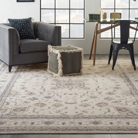 Ivory Grey Silky Textures Bordered Floral Traditional Rug For Bedroom & Living Room-239cm X 320cm