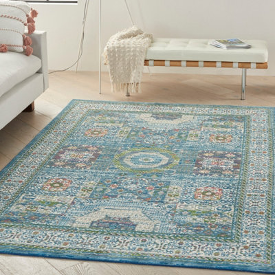 Ivory Light Blue Luxurious Traditional Persian Easy to Clean Bordered Floral Dining Room Bedroom And Living Rug-122cm X 183cm