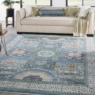 Ivory Light Blue Luxurious Traditional Persian Easy to Clean Bordered Floral Dining Room Bedroom And Living Rug-122cm X 183cm