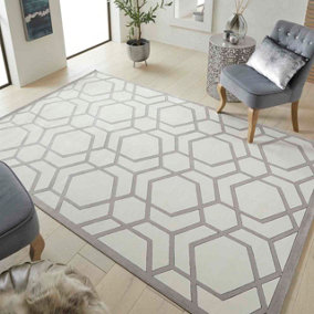 Ivory Light Grey Chequered Geometric Easy to Clean Modern Dining Room Bedroom and Living Room Rug-120cm X 180cm