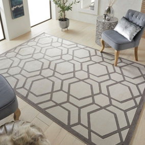 Ivory Light Grey Chequered Geometric Easy to Clean Modern Dining Room Bedroom and Living Room Rug-120cm X 180cm