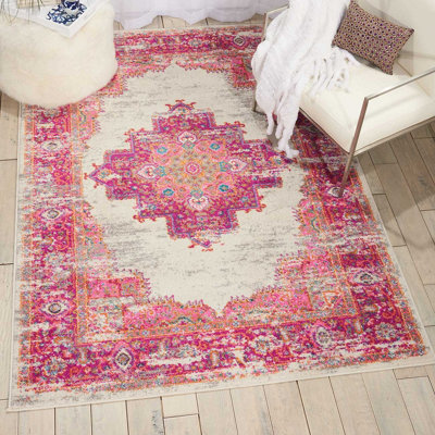 Ivory Luxurious Traditional Persian Easy to Clean Bordered Floral Rug For Dining Room-114cm X 175cm