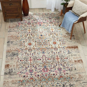 Ivory Luxurious Traditional Persian Easy to Clean Floral Rug For Dining Room-115cm X 115cm