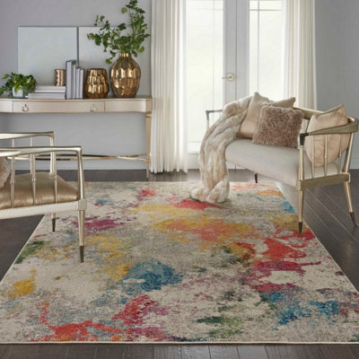 Ivory/Mult Modern Easy to Clean Abstract Graphics Rug For Dining Room-160cm (Circle)