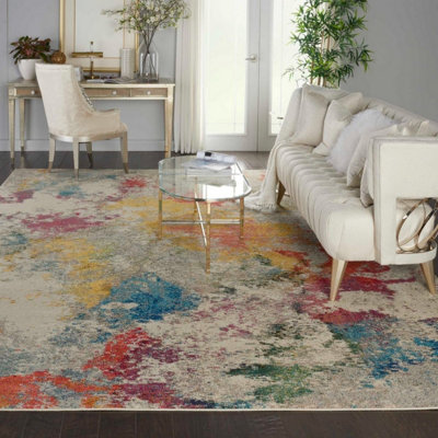 Ivory/Mult Modern Easy to Clean Abstract Graphics Rug For Dining Room-61 X 183cm (Runner)