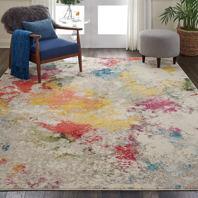 Ivory/Mult Modern Easy to Clean Abstract Graphics Rug For Dining Room-61 X 183cm (Runner)