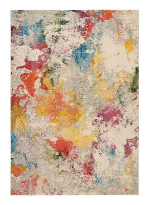 Ivory/Multi Rug, 6mm Thick Stain-Resistant Graphics Rug, Abstract Modern Rug for Bedroom, & Dining Room-61cm X 183cm (Runner)