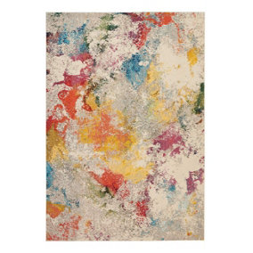 Ivory/Multi Rug, 6mm Thick Stain-Resistant Graphics Rug, Abstract Modern Rug for Bedroom, & Dining Room-66 X 229cm (Runner)