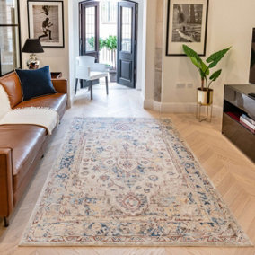 Ivory Multi Traditional Bordered Floral Easy to clean Rug for Dining Room Bed Room and Living Room-120cm X 170cm