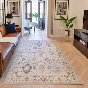 Ivory Multi Traditional Bordered Floral Rug for Living Room and Bedroom-160cm X 236cm