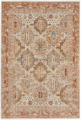 Ivory Multi Traditional Rug, 5mm Thick Anti-Shed Bordered Rug, Geometric Abstract Persian Rug for Bedroom-239cm X 315cm