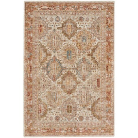 Ivory Multi Traditional Rug, 5mm Thick Anti-Shed Bordered Rug, Geometric Abstract Persian Rug for Bedroom-239cm X 315cm