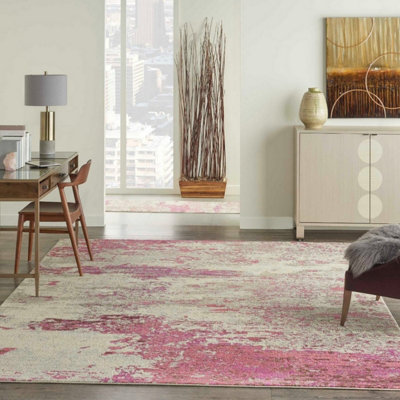 Ivory Pink Abstract Graphics Modern Easy to Clean Rug for Living Room Bedroom and Dining Room-66 X 305cm (Runner)