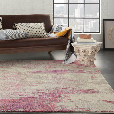 Ivory Pink Abstract Graphics Modern Easy to Clean Rug for Living Room Bedroom and Dining Room-66cm X 114cm