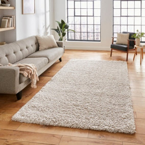 Ivory Plain Modern Shaggy Easy To Clean Rug For Dining Room-120cm X 170cm