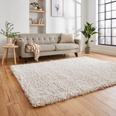 Ivory Plain Modern Shaggy Easy To Clean Rug For Dining Room-160cm X 220cm