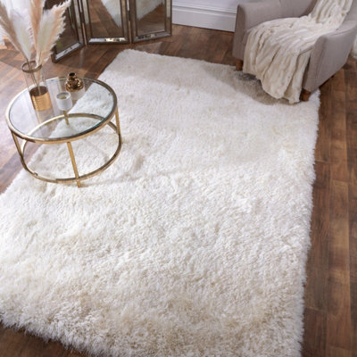 Ivory Plain Shaggy Handmade Sparkle Easy to Clean Rug For Dining Room