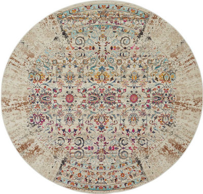 Ivory Rug, Traditional Luxurious Rug, Floral Rug, Stain-Resistant Persian Rug for Bedroom, & Dining Room-183cm (Circle)