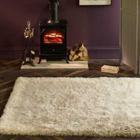Ivory Shaggy Luxurious Plain Modern Easy to Clean Rug for Living Room and Bedroom-60cm X 120cm