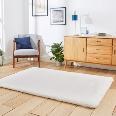 Ivory Shaggy Plain Modern Easy to Clean Rug for Living Room and Bedroom-60cm X 120cm