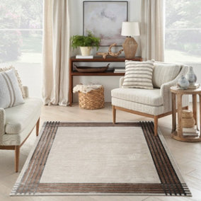 Ivory Silver Bordered,Chequered Modern Easy to clean Rug for Bedroom & Living Room-119cm X 180cm