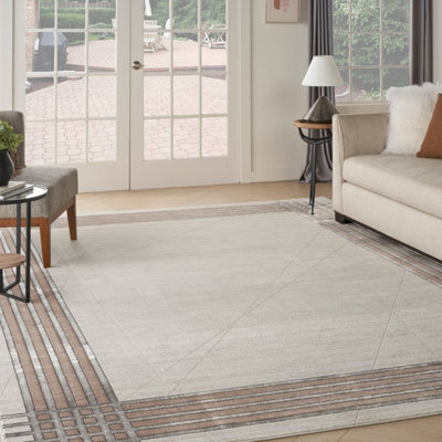 Ivory Silver Bordered,Chequered Modern Easy to clean Rug for Bedroom ...