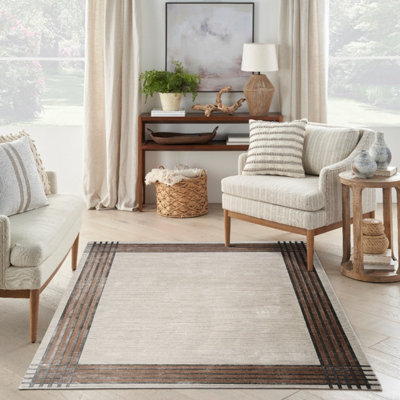 Ivory Silver Bordered,Chequered Modern Easy to clean Rug for Bedroom & Living Room-160cm X 221cm