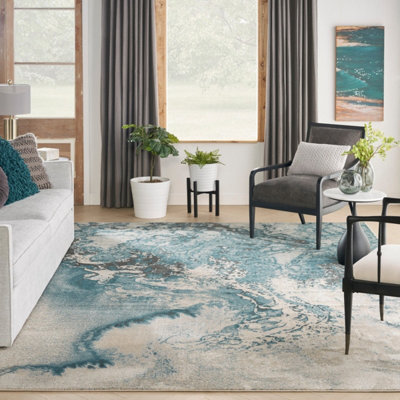 Ivory Teal Abstract Luxurious Modern Easy to clean Rug for Dining Room Bed Room and Living Room-117cm X 178cm