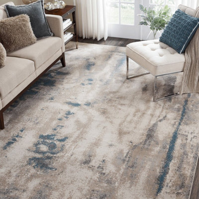 Ivory Teal Abstract Luxurious Modern Easy to clean Rug for Dining Room Bed Room and Living Room-160cm X 221cm