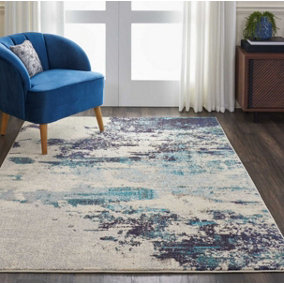 Ivory/Teal/Blue Modern Easy to Clean Abstract Graphics Rug For Dining Room -119cm X 180cm