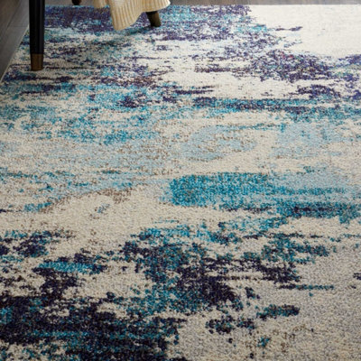 Ivory/Teal/Blue Modern Easy to Clean Abstract Graphics Rug For Dining Room -160cm X 160cm - 7