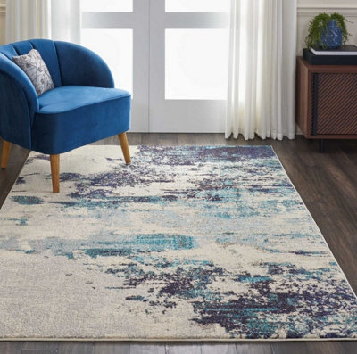 Ivory/Teal/Blue Modern Easy to Clean Abstract Graphics Rug For Dining Room -274cm X 366cm