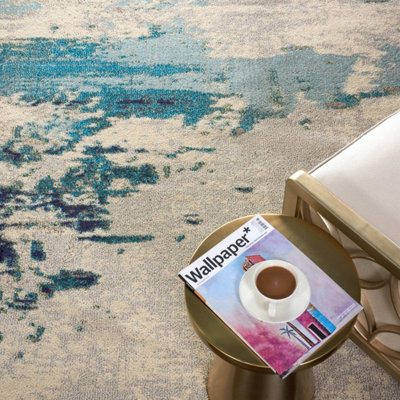 Ivory/Teal/Blue Modern Easy to Clean Abstract Graphics Rug For Dining Room -274cm X 366cm - 6