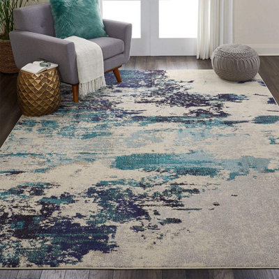 Ivory/Teal/Blue Modern Easy to Clean Abstract Graphics Rug For Dining Room -66cm X 305cm